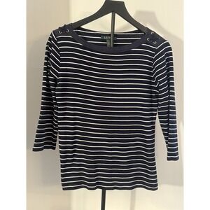 Lauren Ralph Lauren Navy‎ White Stripe Boatneck Lace-Up Shoulder Top L Nautical
